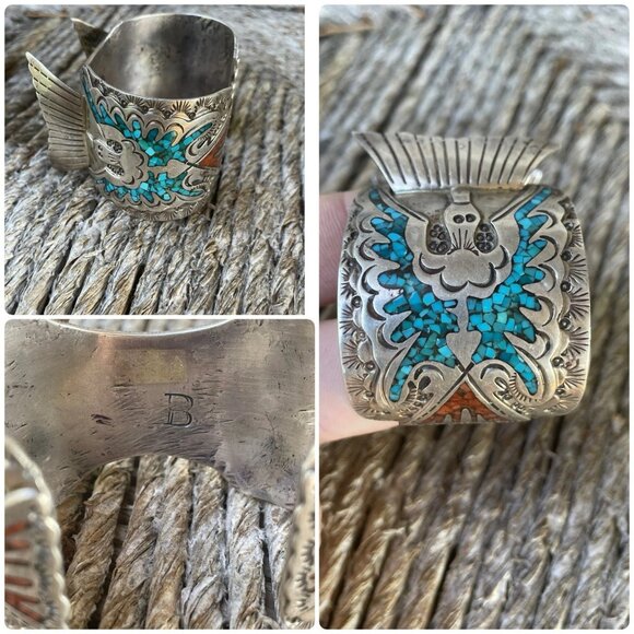 Native American Peyote Bird Coral Turquoise Sterling Silver Watch Cuff 133 Grams - Picture 1 of 9